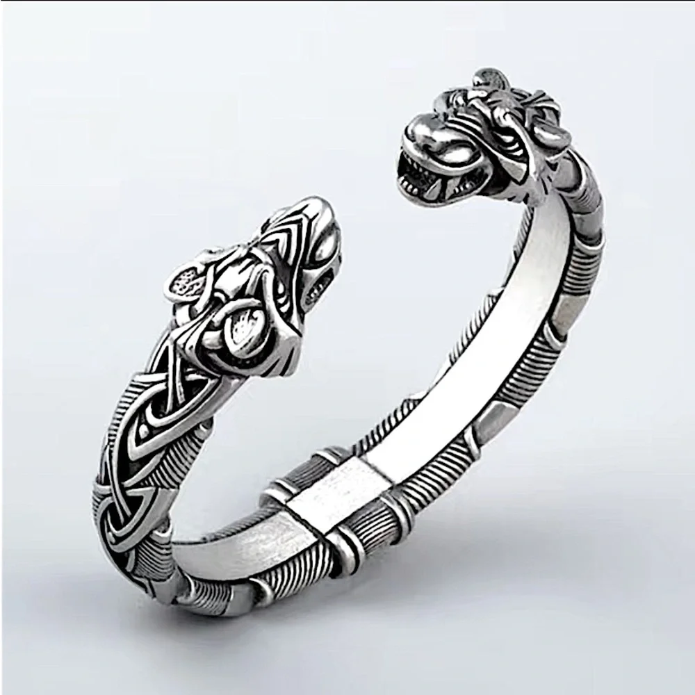 Silver Wolf Head Viking Norse Knotwork Cuff Bangle Bracelet